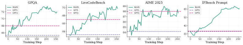 Figure 9: RLVR 在所有領域上超越或匹配大幅微調的 SFT 模型