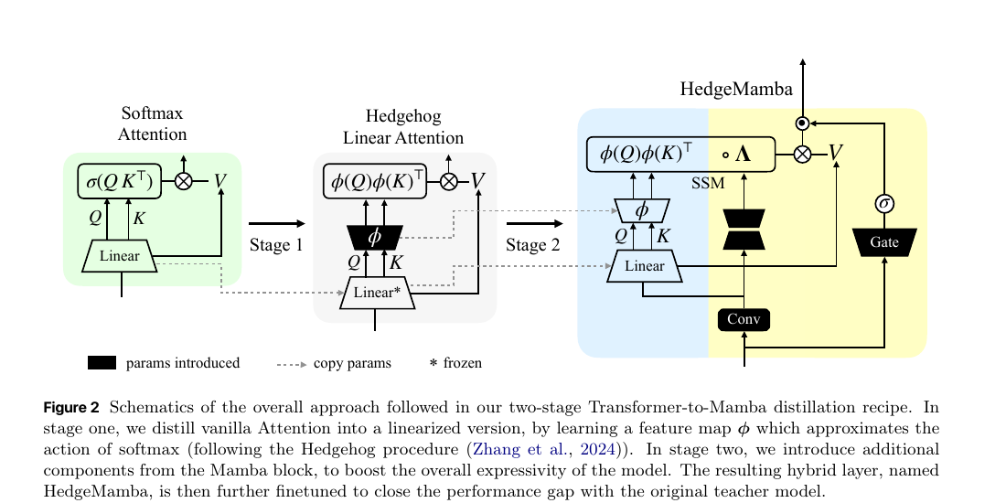 Figure 2：兩階段 Transformer 到 Mamba 蒸餾配方總體方法的示意圖。在第一階段，我們將原本的 Attention 蒸餾為線性化版本，方法是學習一個近似 softmax 作用的特徵映射 φ（依循 Hedgehog 程序）。在第二階段，我們從 Mamba 區塊引入額外元件，以提升模型的整體表達能力。所得的混合層命名為 HedgeMamba，再進一步微調以縮小與原始 Teacher 模型的效能差距。