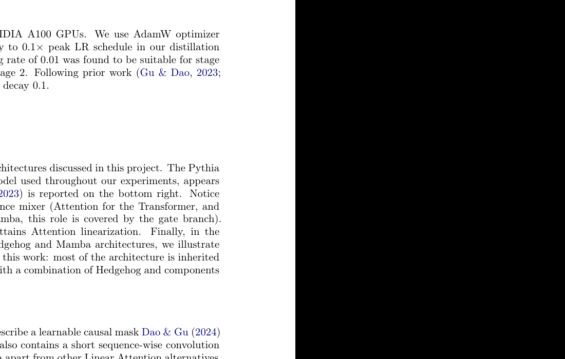 Figure 4：在這個專案中討論的架構示意圖。頂部：Pythia Transformer。底部從左到右：Hedgehog、HedgeMamba 與 Mamba。
