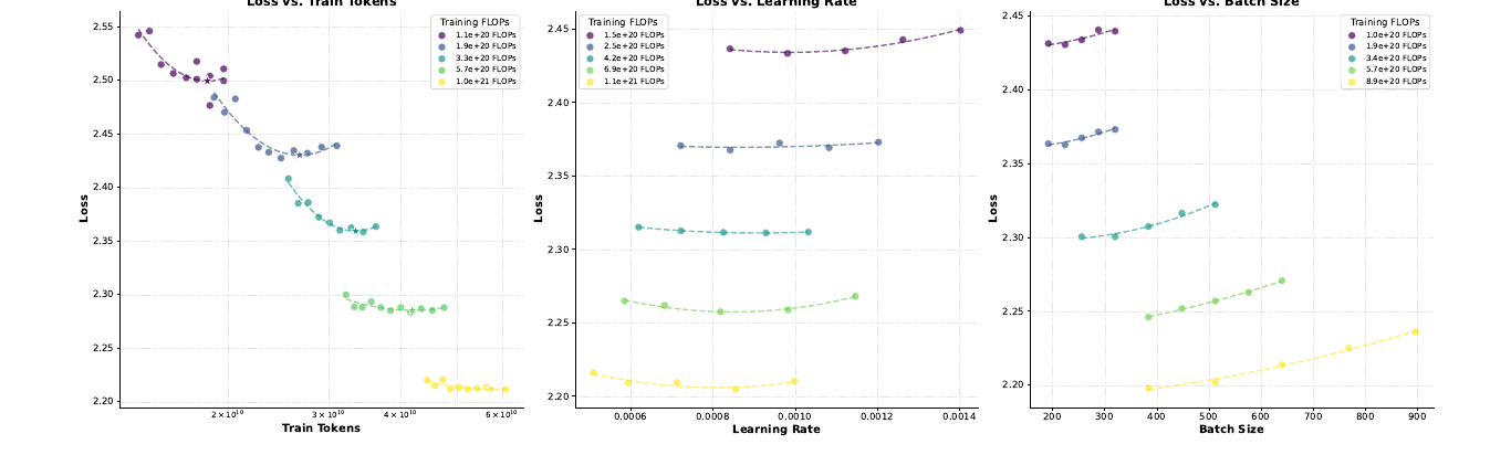 圖 5：跨 FLOPs 預算的 scaling law 超參數最佳化地景